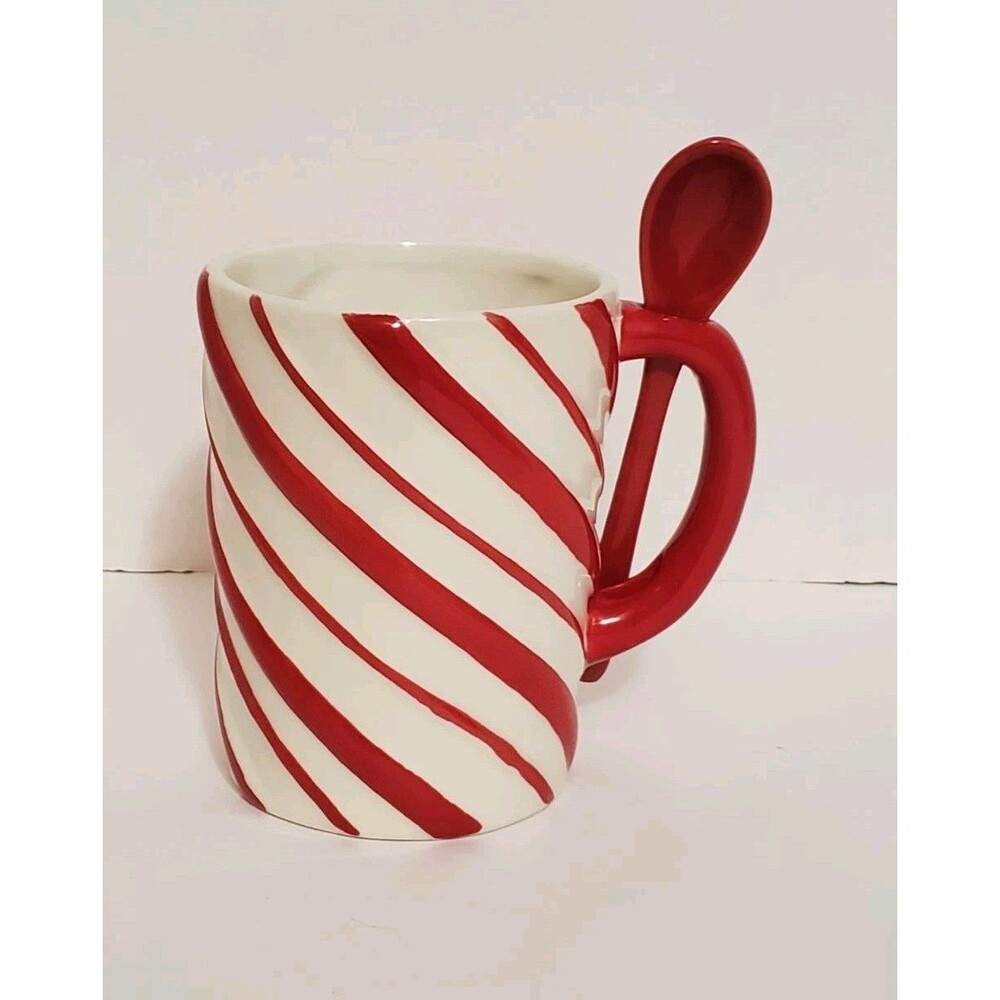 Teleflora Candy Cane Coffee Mug Tall Cup + Matching Red Spoon Holiday Cocoa Vtg